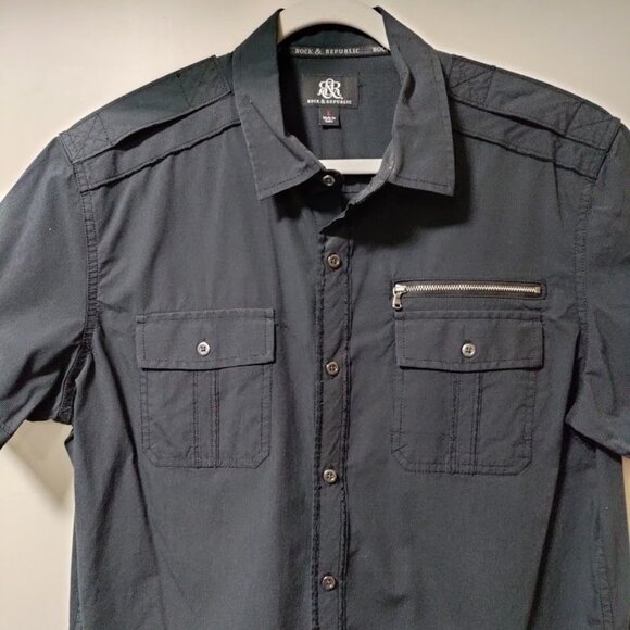 Rock & Republic Downtown Cool Iconic Button Front Shirt Navy Blue Mens Size L - Picture 3 of 14